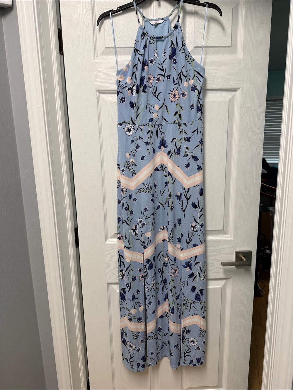 Light Blue Floral Halter Maxi Dress